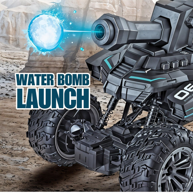 Toy vehicle with water bomb launch feature on a textured background