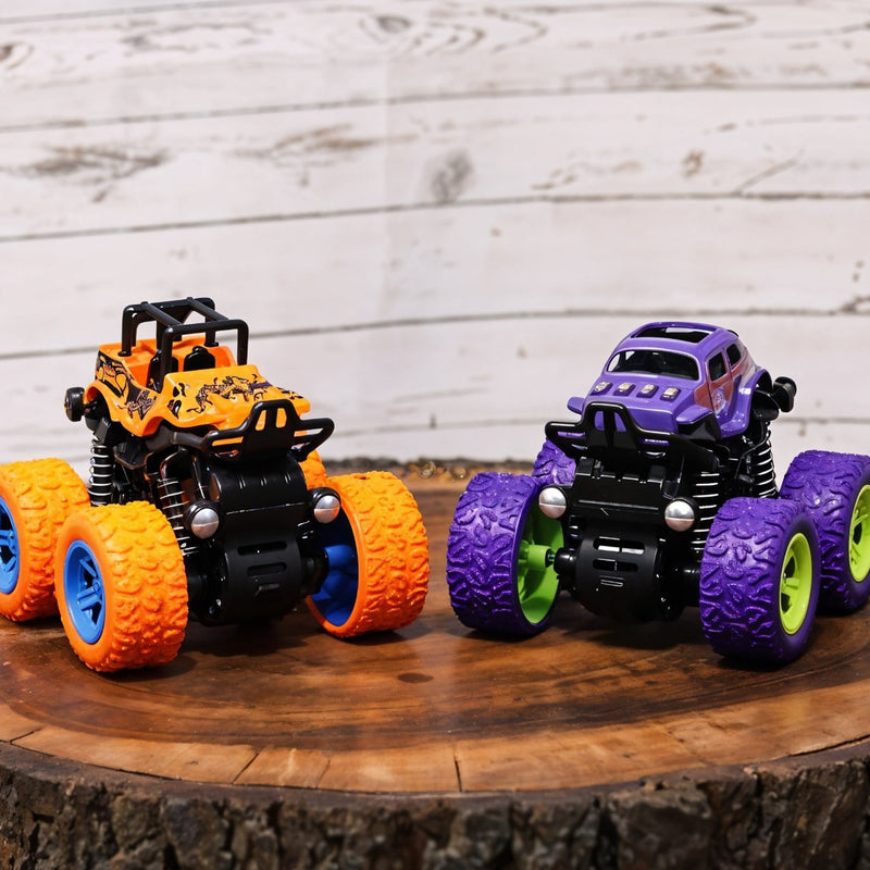 TodFod 4x4 Big Wheel Monster Truck Toy Cars | Set of 4 Pull Back Action Vehicles, 1:48 Scale, Purple Body with Green Wheels, Rugged Off-Road Design for Boys & Girls Ages 3+