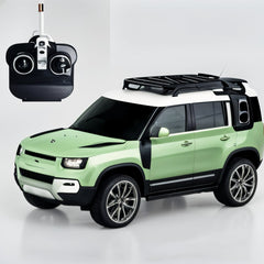 Green toy SUV with black roof rack and remote control on a white background