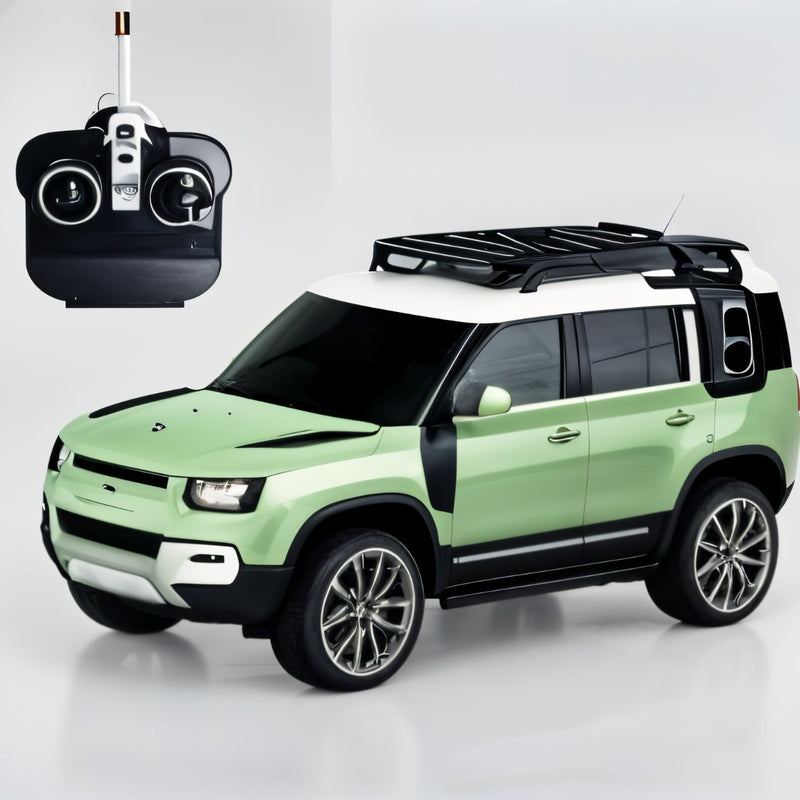 Green toy SUV with black roof rack and remote control on a white background