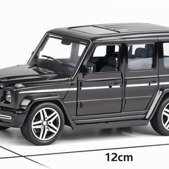 Black toy SUV with measurements on a white background
