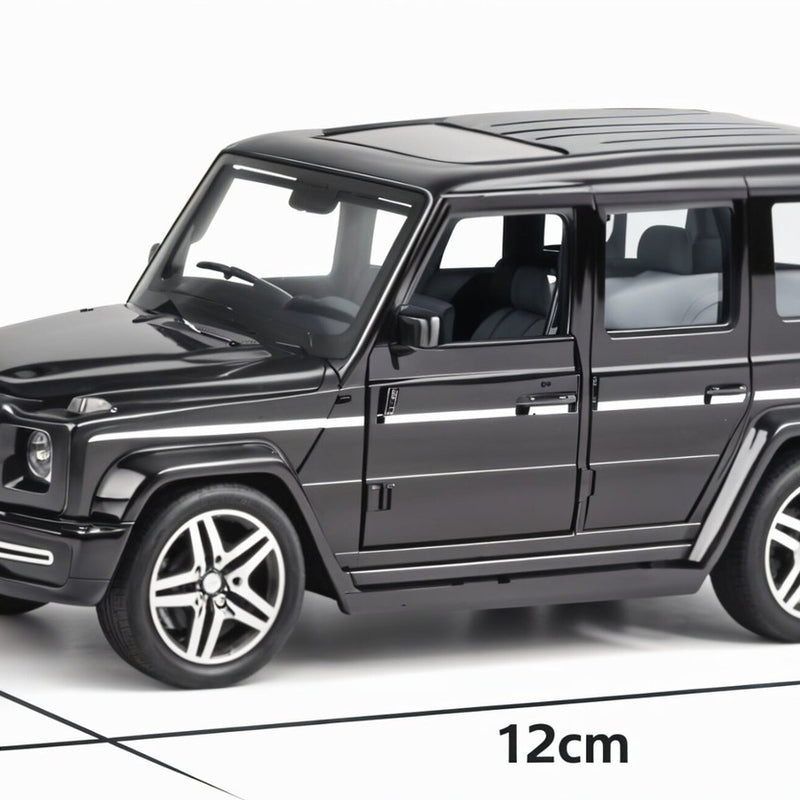 Black toy SUV with measurements on a white background
