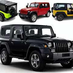 Four off-road vehicles in different colors on a white background