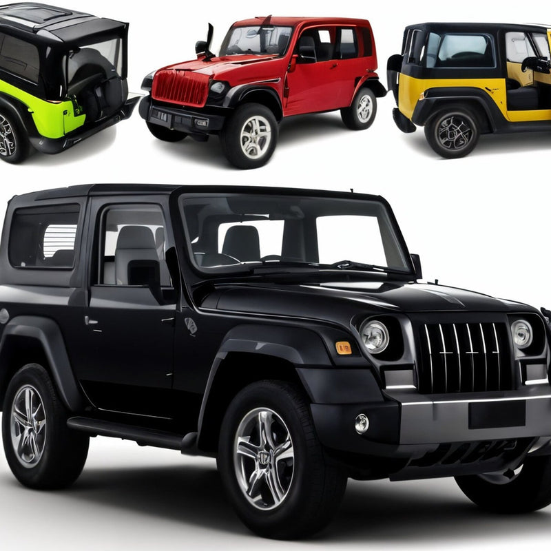 Four off-road vehicles in different colors on a white background