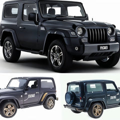 Three views of a black SUV on a white background