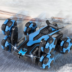 Blue and black remote control car on a reflective surface with blurred background