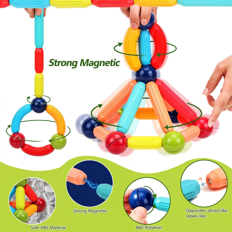 Colorful magnetic building toy set with hands interacting, featuring text about strong magnetic properties.