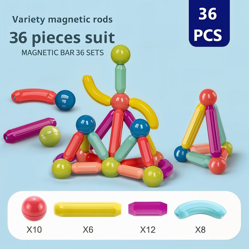 Colorful magnetic rods toy set with 36 pieces on a light blue background