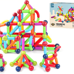 Colorful magnetic building sticks with a box in the background