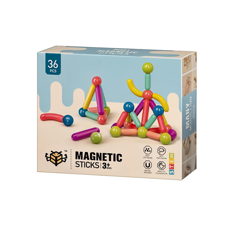 Box of colorful magnetic sticks with packaging details on a white background