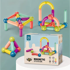 Colorful magnetic sticks toy set with packaging on a light blue background