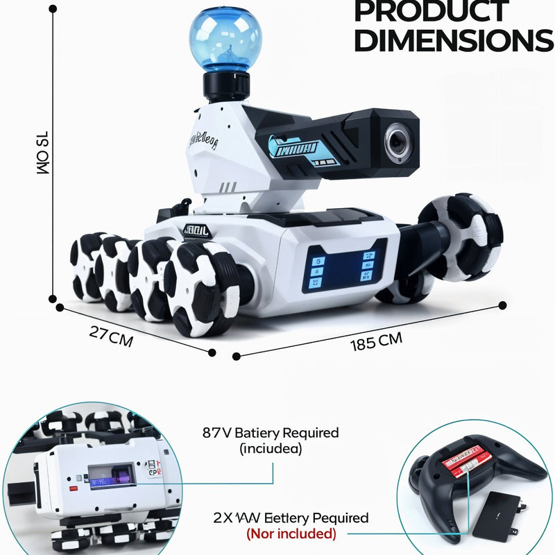 Robotic toy with dimensions and battery information displayed