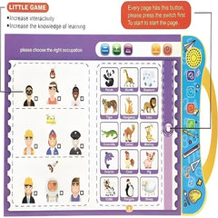 Educational game board with character selection interface and colorful buttons on a purple background.