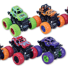 TodFod 4x4 Big Wheel Monster Truck Toy Cars | Set of 4 Pull Back Action Vehicles, 1:48 Scale, Purple Body with Green Wheels, Rugged Off-Road Design for Boys & Girls Ages 3+