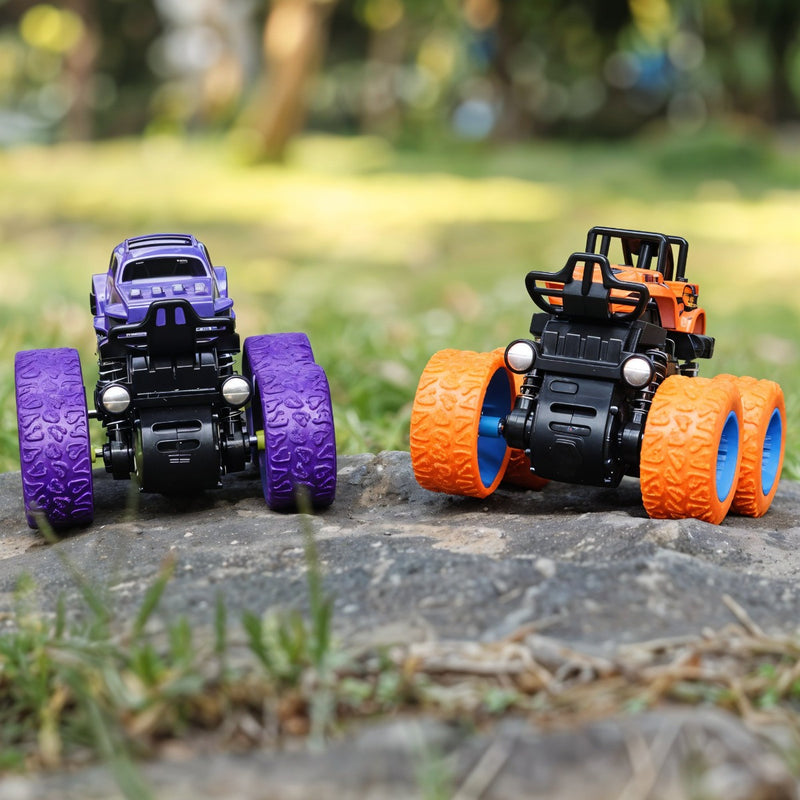 TodFod 4x4 Big Wheel Monster Truck Toy Cars | Set of 4 Pull Back Action Vehicles, 1:48 Scale, Purple Body with Green Wheels, Rugged Off-Road Design for Boys & Girls Ages 3+