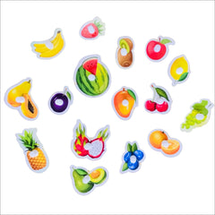 Colorful fruit-shaped stickers on a white background