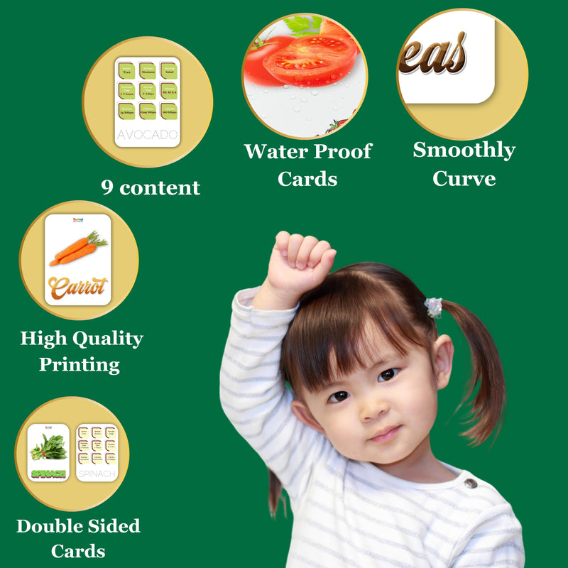 Child with educational cards on a green background