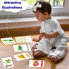 Child playing with educational cards on a wooden floor, with text 'Attractive Illustrations' above.