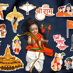 Child in traditional outfit surrounded by illustrations of deities and symbols on a dark blue background