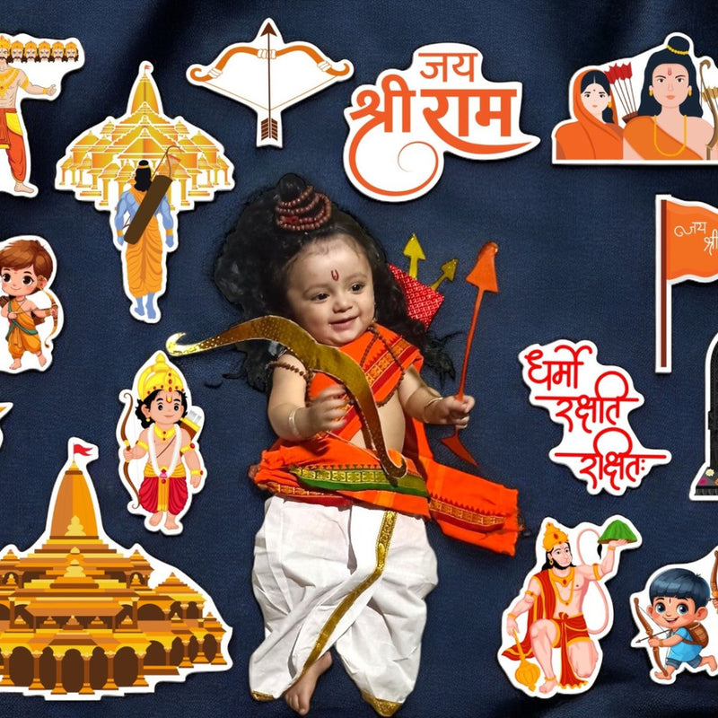 Child in traditional outfit surrounded by illustrations of deities and symbols on a dark blue background