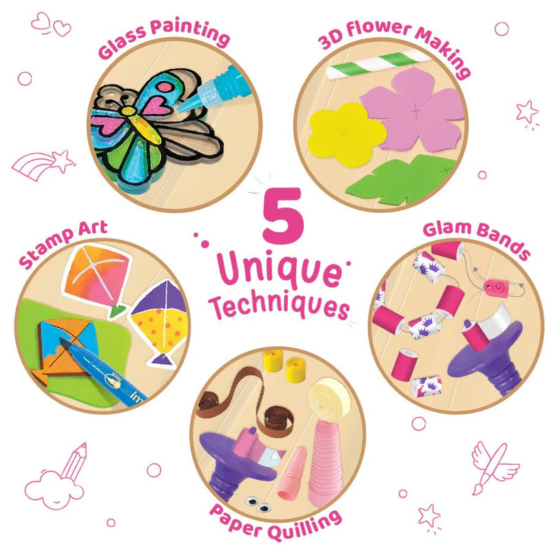 Five unique art techniques on wooden boards with colorful illustrations and text.