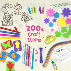 Assorted craft items including markers, stickers, and cutouts on a light background with '200+ Craft Items' text.