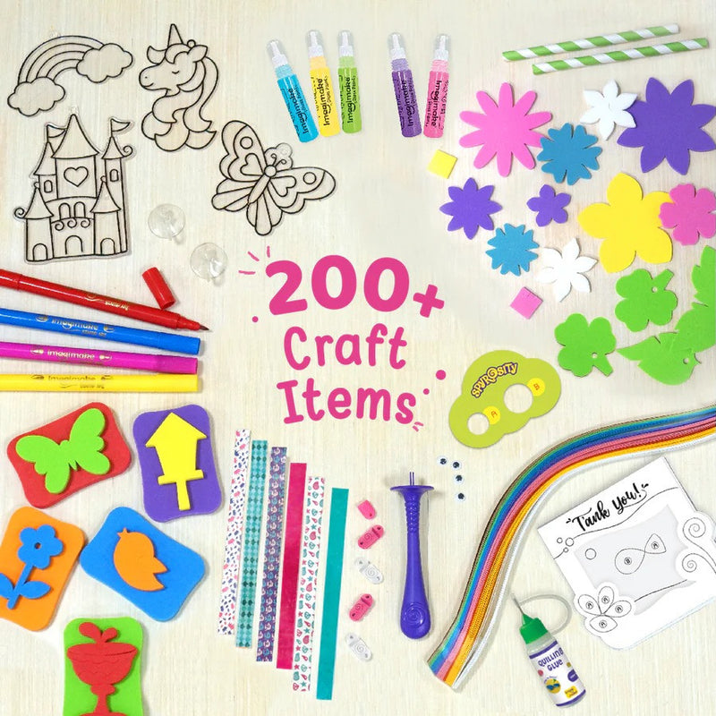 Assorted craft items including markers, stickers, and cutouts on a light background with '200+ Craft Items' text.