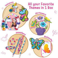 Children's craft kit with unicorns, flowers, jewelry, and butterfly designs on a wooden board.