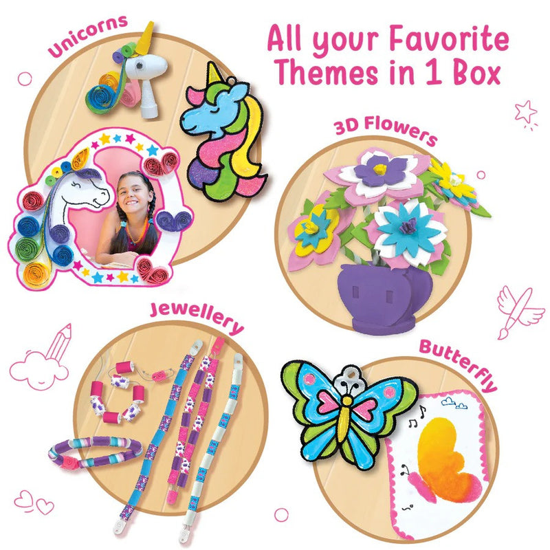 Children's craft kit with unicorns, flowers, jewelry, and butterfly designs on a wooden board.