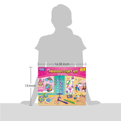 Craft kit packaging with dimensions shown relative to a person's height
