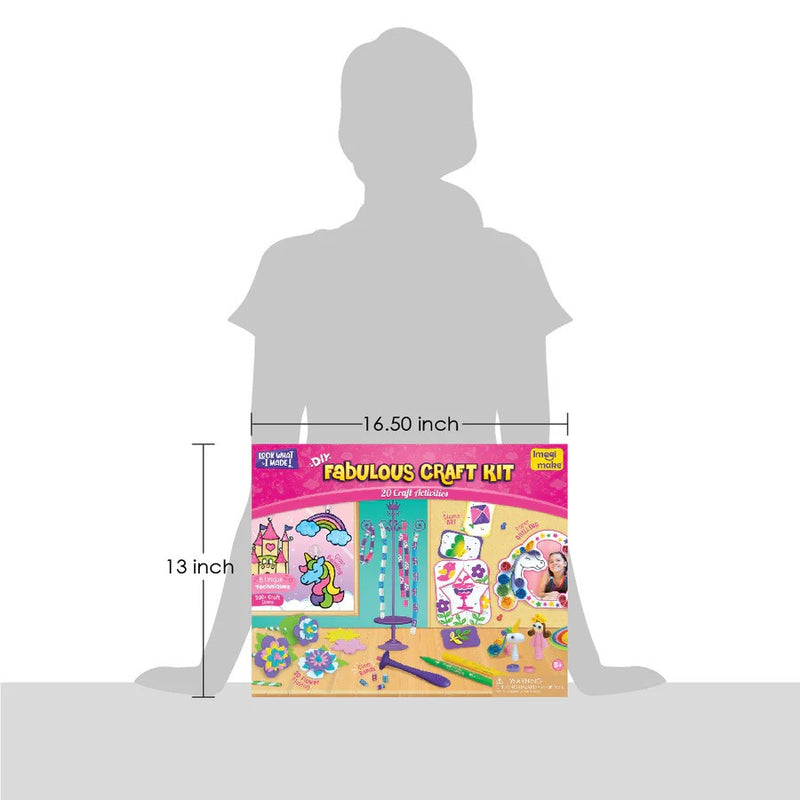 Craft kit packaging with dimensions shown relative to a person's height