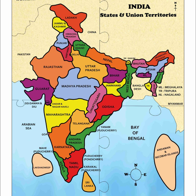 Colorful map of India with states and territories on a beige background