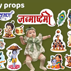 Baby in a green dress surrounded by cartoon characters and props on a green background