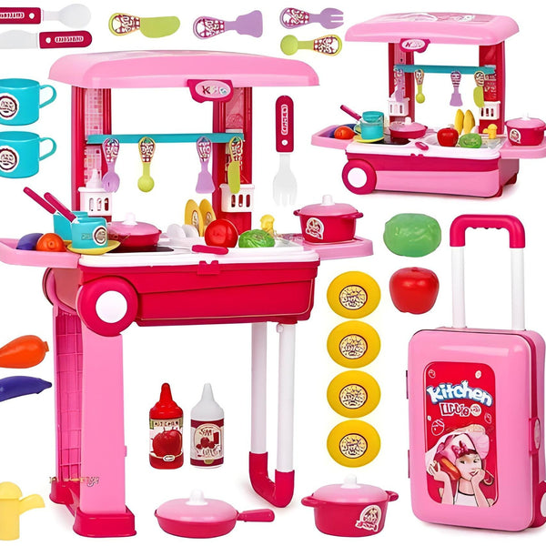 Todfod ABS Kitchen Set for Kids Girls | Large Pretend Cooking Playset with 30+ Accessories, Portable Trolley Toy Kitchen for Role Play & Early Learning Fun