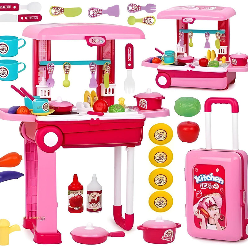 Todfod ABS Kitchen Set for Kids Girls | Large Pretend Cooking Playset with 30+ Accessories, Portable Trolley Toy Kitchen for Role Play & Early Learning Fun