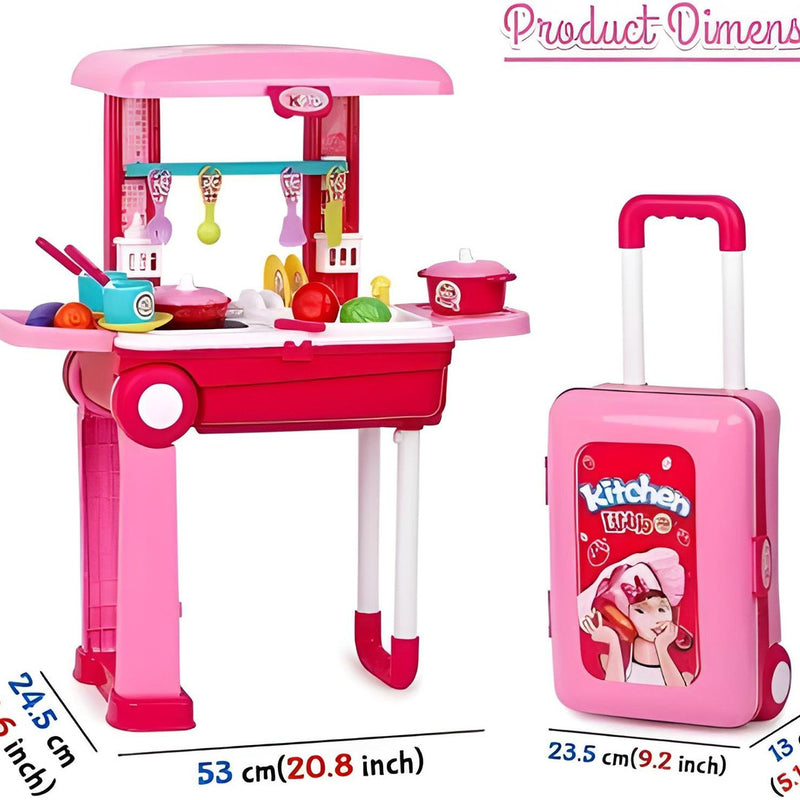 Pink toy kitchen set with a suitcase labeled 'Kitchen' on a white background