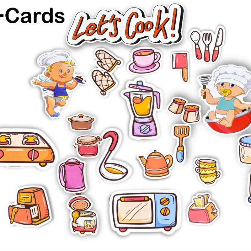 Set of colorful cooking-themed stickers with text 'Let's Cook!' on a white background.