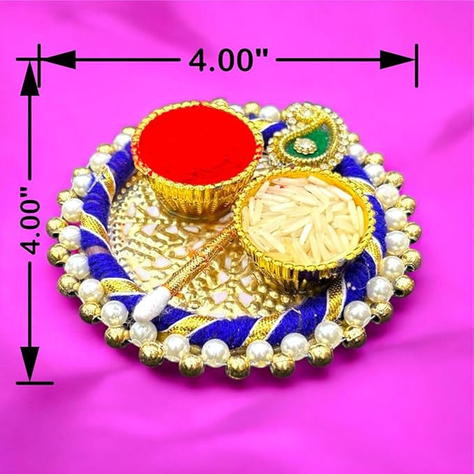 Decorative item with gold, red, and blue elements on a pink background
