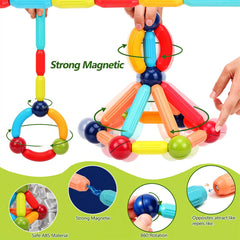 Colorful magnetic building toy set with hands interacting, featuring text about strong magnetic properties.