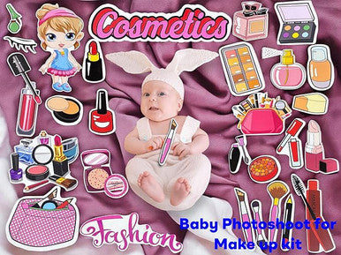 Collage of baby photoshoot elements with makeup and fashion items on a pink background.