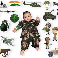 Baby in a camouflage outfit surrounded by military-themed illustrations and toys on a white background