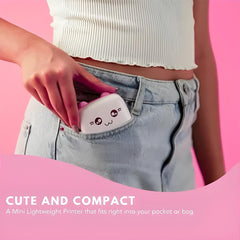 Person putting a cute and compact printer into their pocket with a pink background