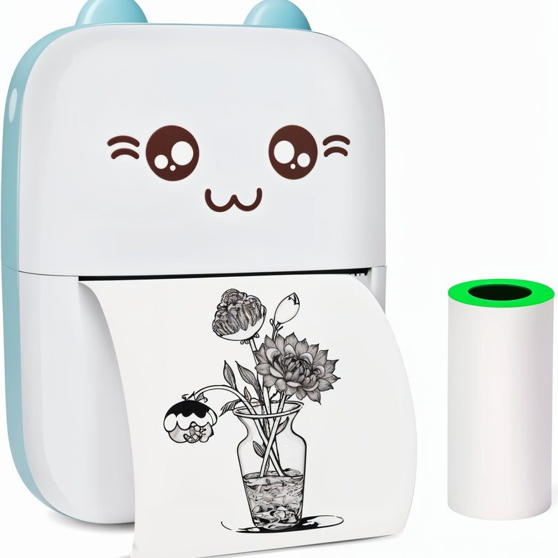 Small printer with cartoon face and printed flower design on paper