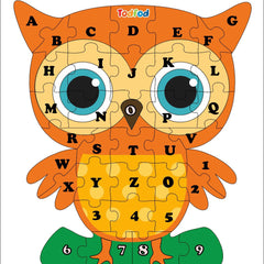 Owl-shaped puzzle with letters and numbers on a white background