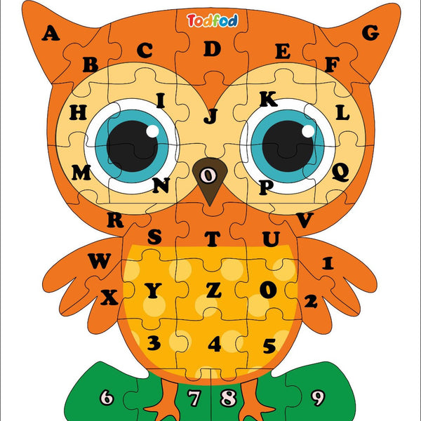 Owl-shaped puzzle with letters and numbers on a white background