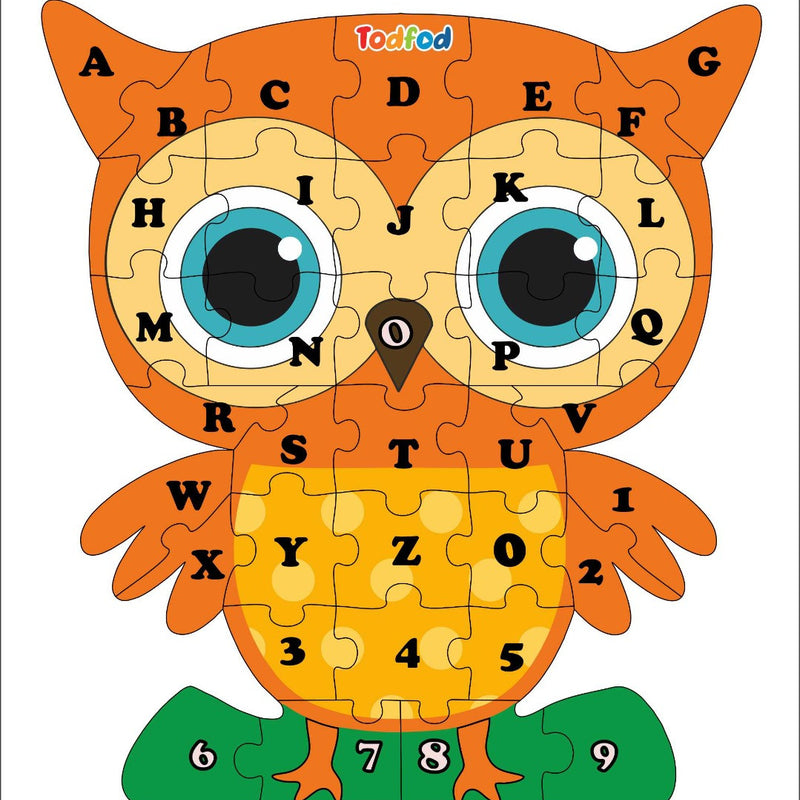 Owl-shaped puzzle with letters and numbers on a white background