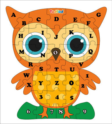 Todfod Owl Shaped Wooden Jigsaw Puzzle English Alphabets Orange Yellow | 36 Pieces