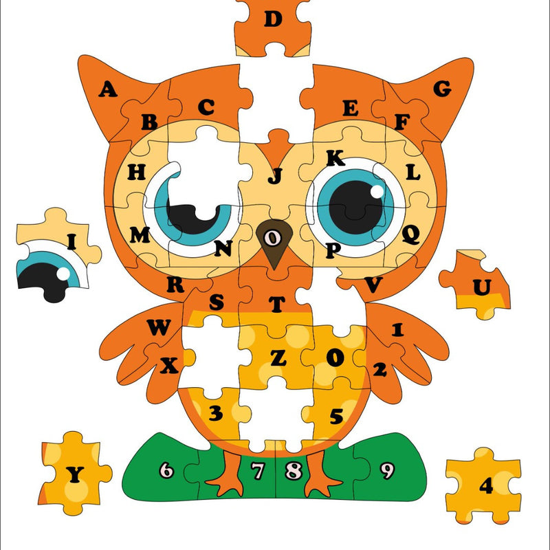 Children's puzzle with an owl design featuring letters and numbers on a white background.