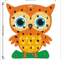 Owl-shaped puzzle with letters and numbers, branded 'Todfod', on a white background.