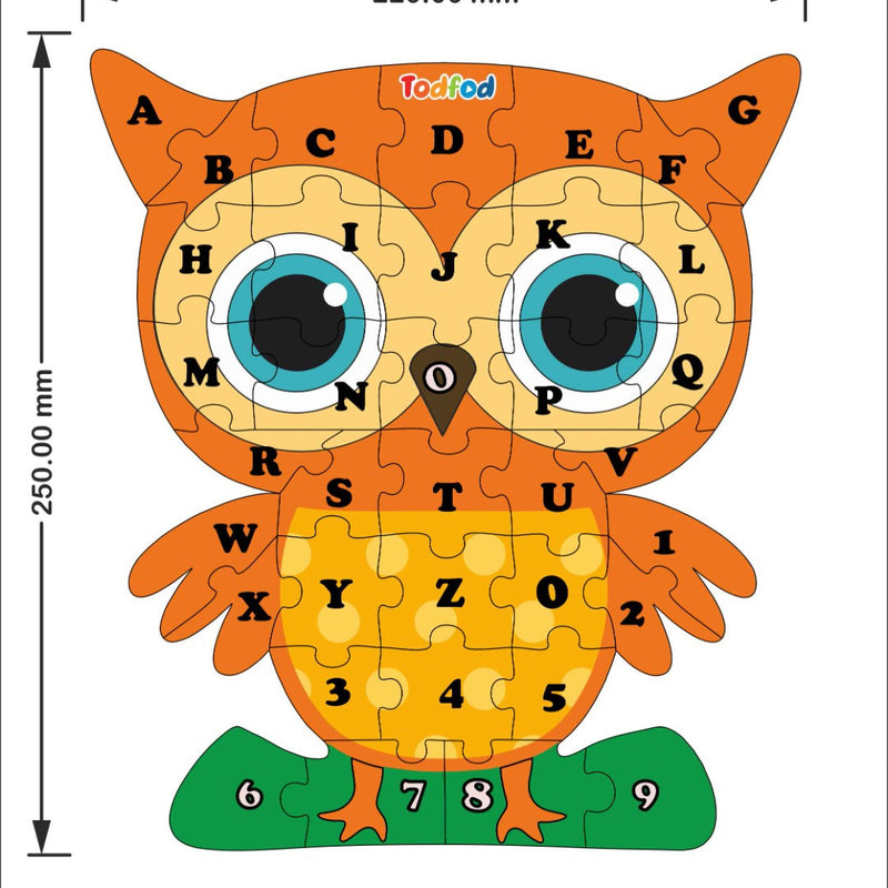 Owl-shaped puzzle with letters and numbers, branded 'Todfod', on a white background.